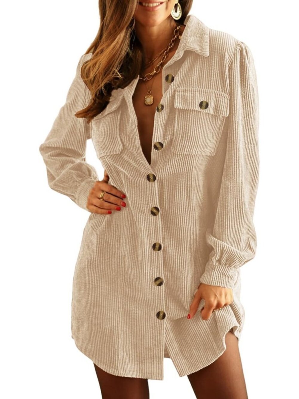 Chic Women's Corduroy Long Sleeve Button-Up Tunic Dress - Versatile & Stylish